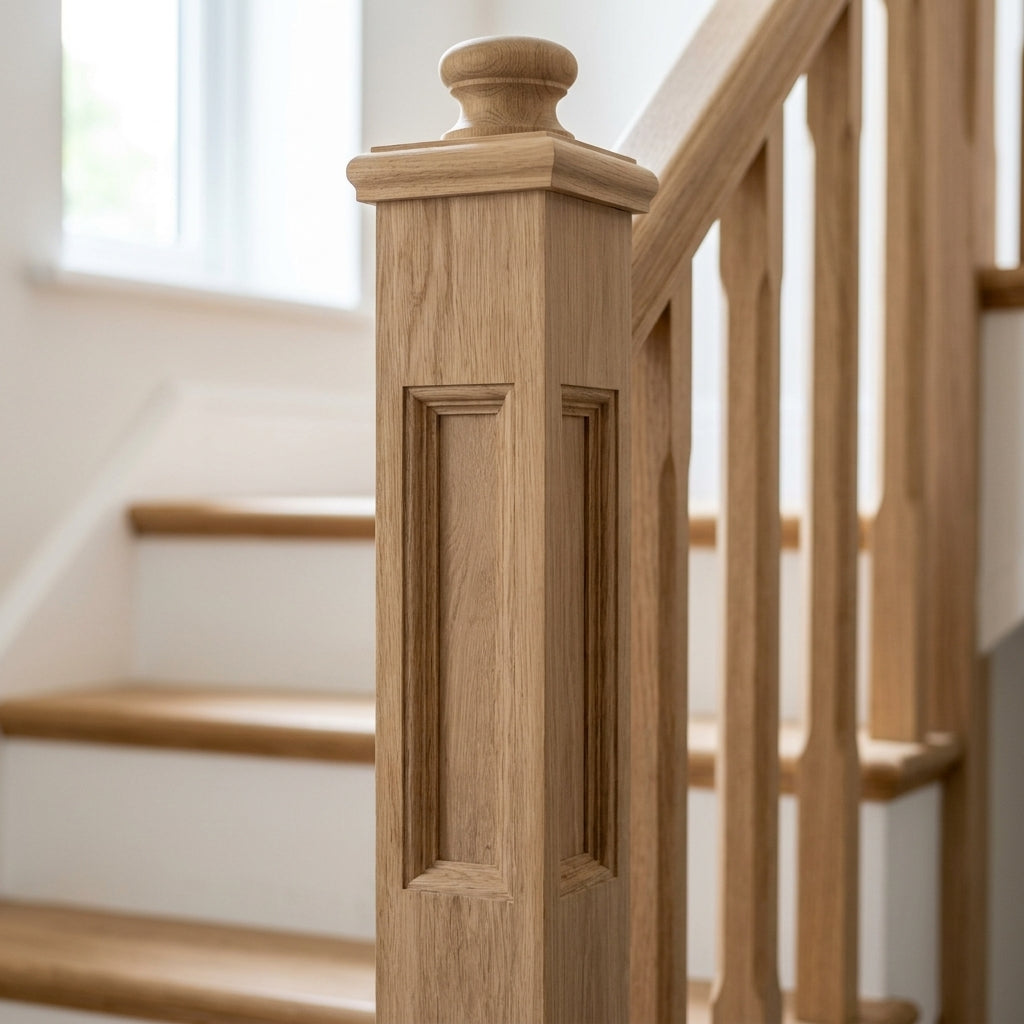 140mm x 1500mm Complete Newel Post - Oak Finish (view 2)