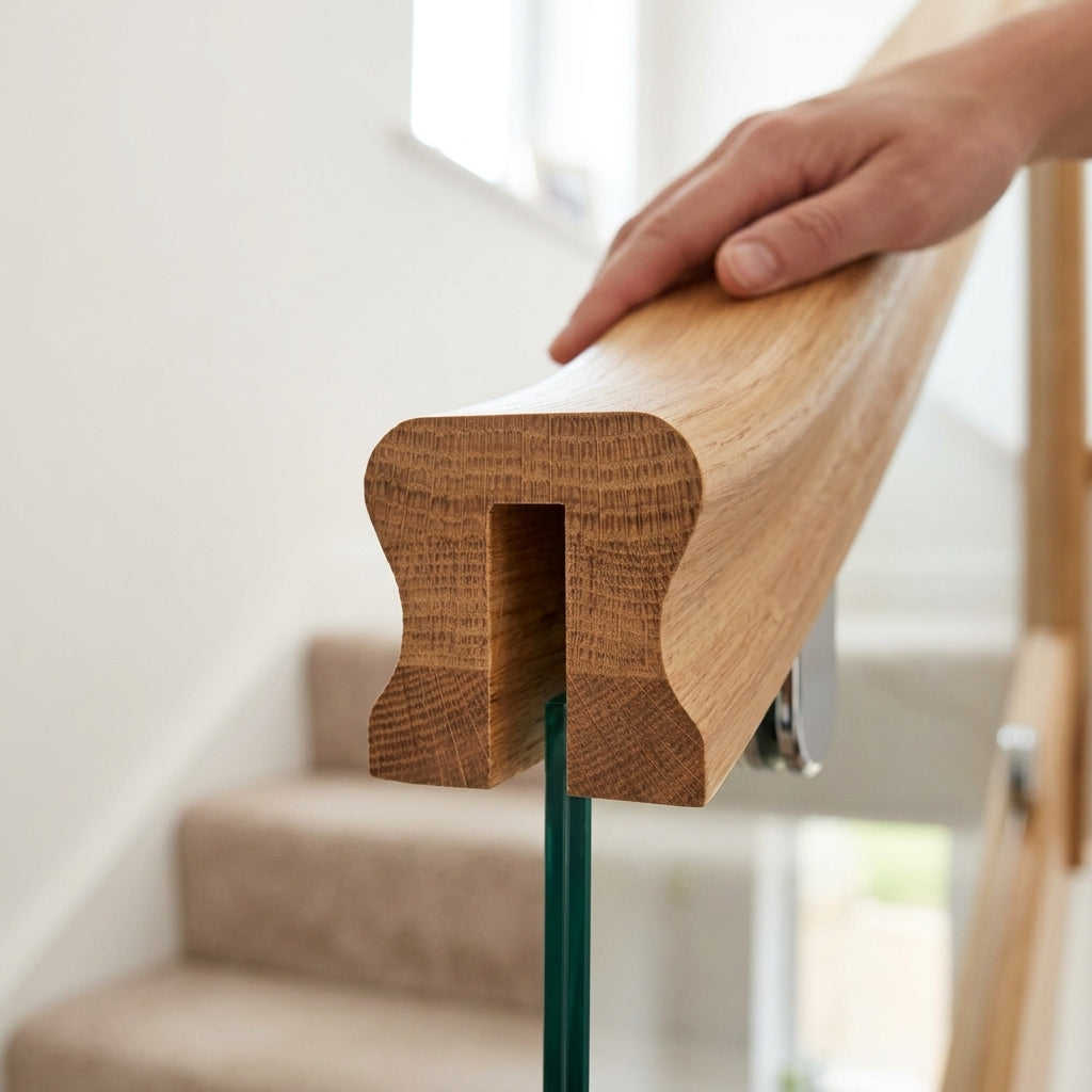59 x 59mm Solid Oak Handrail Grooved for Glass or Metal (view 2)